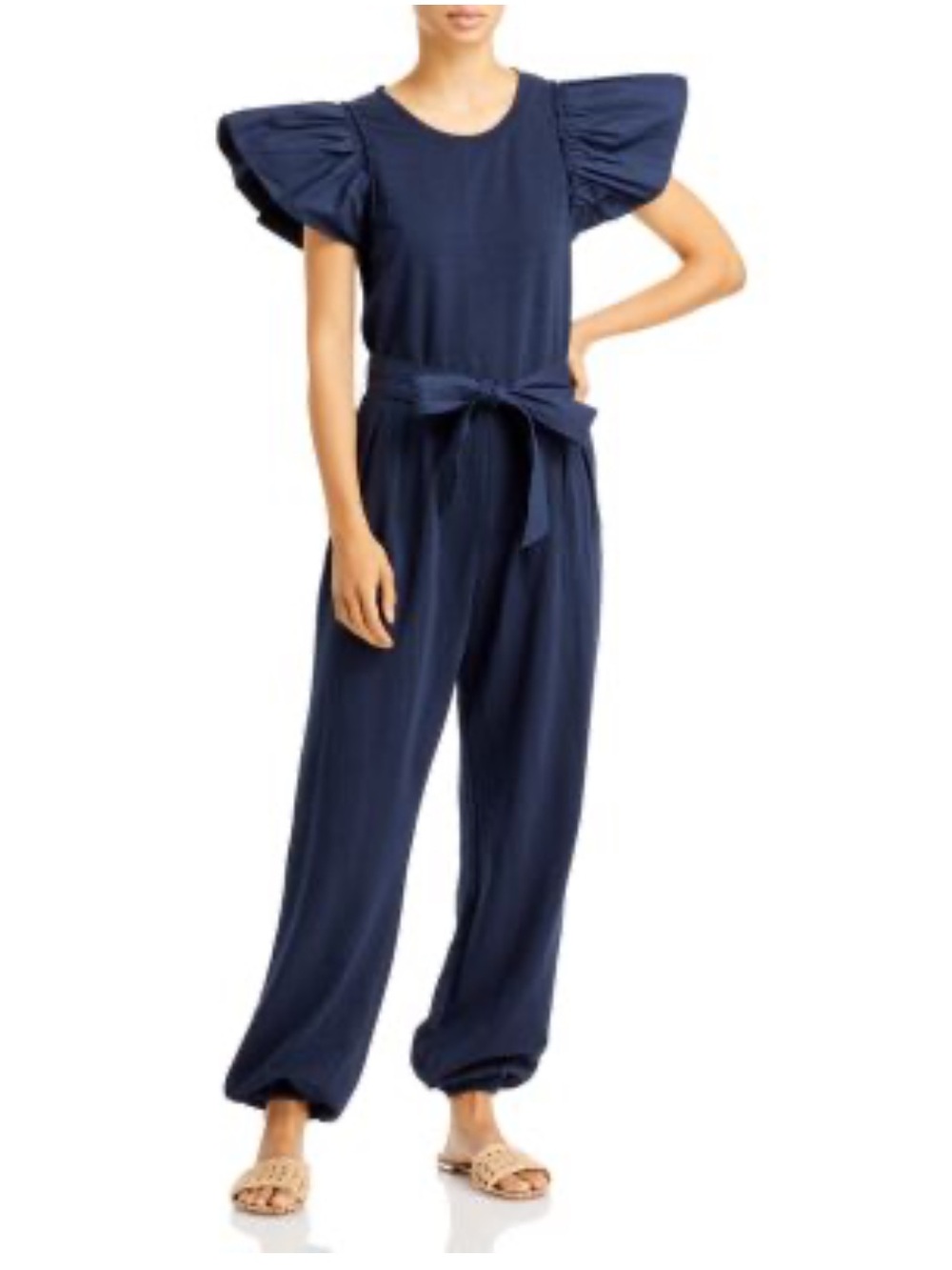 sundays Navy Ruffled-Sleeve Tie-Waist Jumpsuit